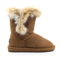 A pair of Auzland short button fur UGG boots in chestnut color, featuring button details and plush fur lining for women and men.