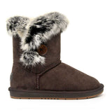 Auzland short button fur UGG boots in chocolate color, women's fashion shoes with button accents and plush fur lining.