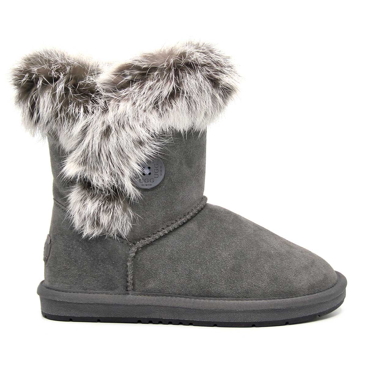 A pair of grey Auzland short button fur UGG boots for women, featuring button details and plush fur lining.