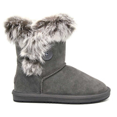 A pair of grey Auzland short button fur UGG boots for women, featuring button details and plush fur lining.