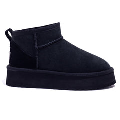 Black Auzland Ultra Mini Platform UGG Boots with thick soles and classic UGG style, shown from a front angle.