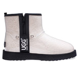 White UGG Zipper Clear Mini Rain Boots by Auzland, stylish waterproof rainboots with zipper detail and transparent design.