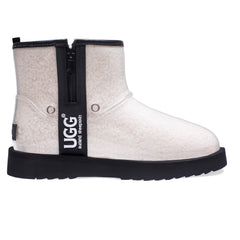 White UGG Zipper Clear Mini Rain Boots by Auzland, stylish waterproof rainboots with zipper detail and transparent design.