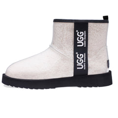 Auzland UGG Zipper Clear Mini Rain Boots in white with a zipper detail, waterproof rubber rainboots on a neutral background.
