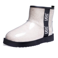 Auzland UGG Zipper Clear Mini Rain Boots in white, stylish waterproof rainboots with zipper detail and transparent design.