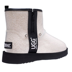 Auzland UGG Zipper Clear Mini Rain Boots in white with transparent design and zipper detail on a plain background.